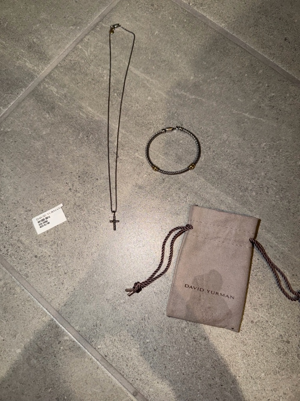 David Yurman Childs Sterling Silver and Gold Cable Bracelet Cross Necklace Set